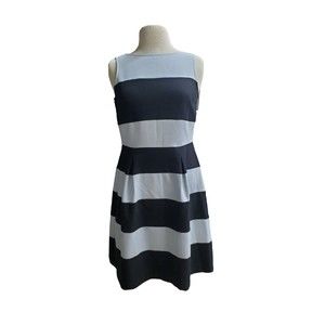 Ann Taylor LOFT Women's 6 Black & Blue Striped Pleated Dress